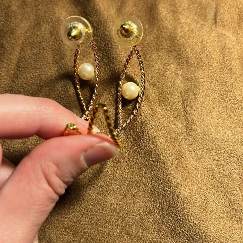 Large hoop gold tone & pearl pierced earrings.